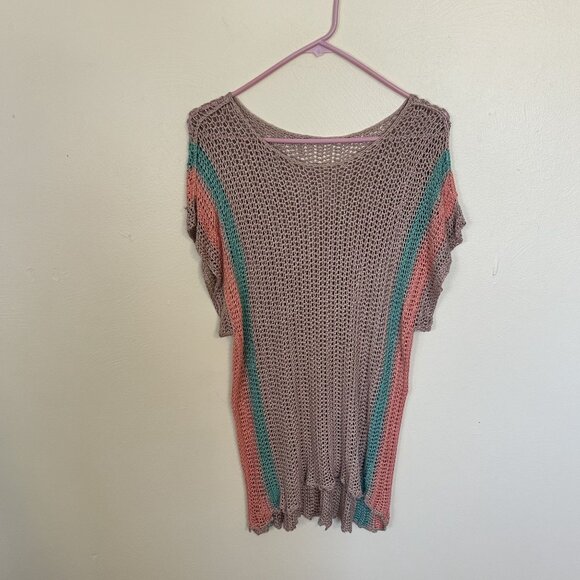 Womens Boho Open Knit Top Tan Striped Scalloped Hem Tunic Beach Cover Up Medium - Picture 5 of 6